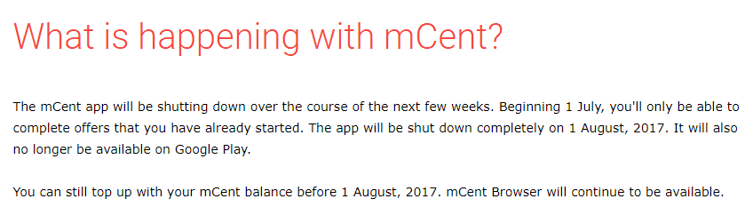 mCent is Shutting Down