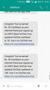 HDFC Bank OnChat Referral Cashback Proof