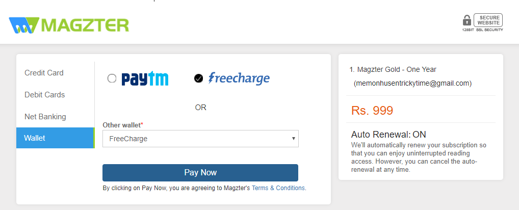 Magzter FreeCharge Payment Option