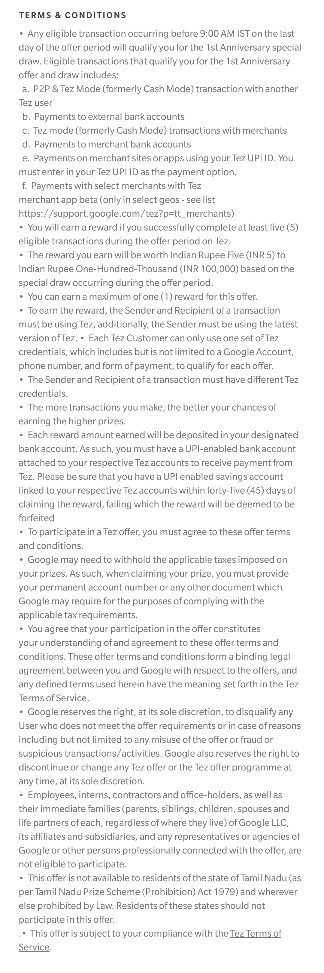 Tez 1st Anniversary Offer Terms and Conditions